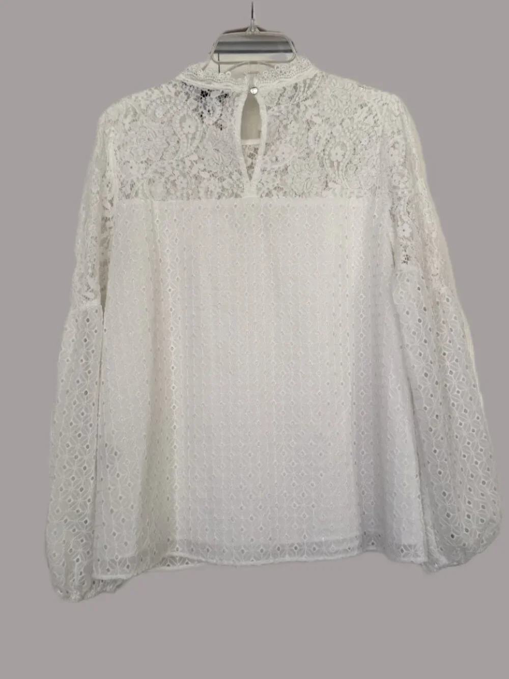 White House Black Market Lace Blouse sz 12 Mock Neck Ruffle Feminine Top - Picture 5 of 10